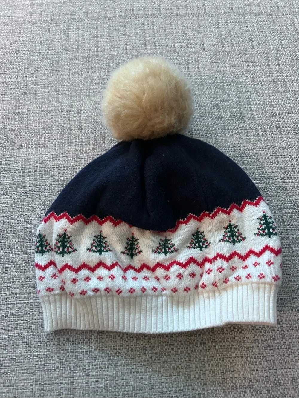 Janie and Jack Kids Navy Cream Pom Pom Winter Beanie w Tree Pattern. Size 2/3T